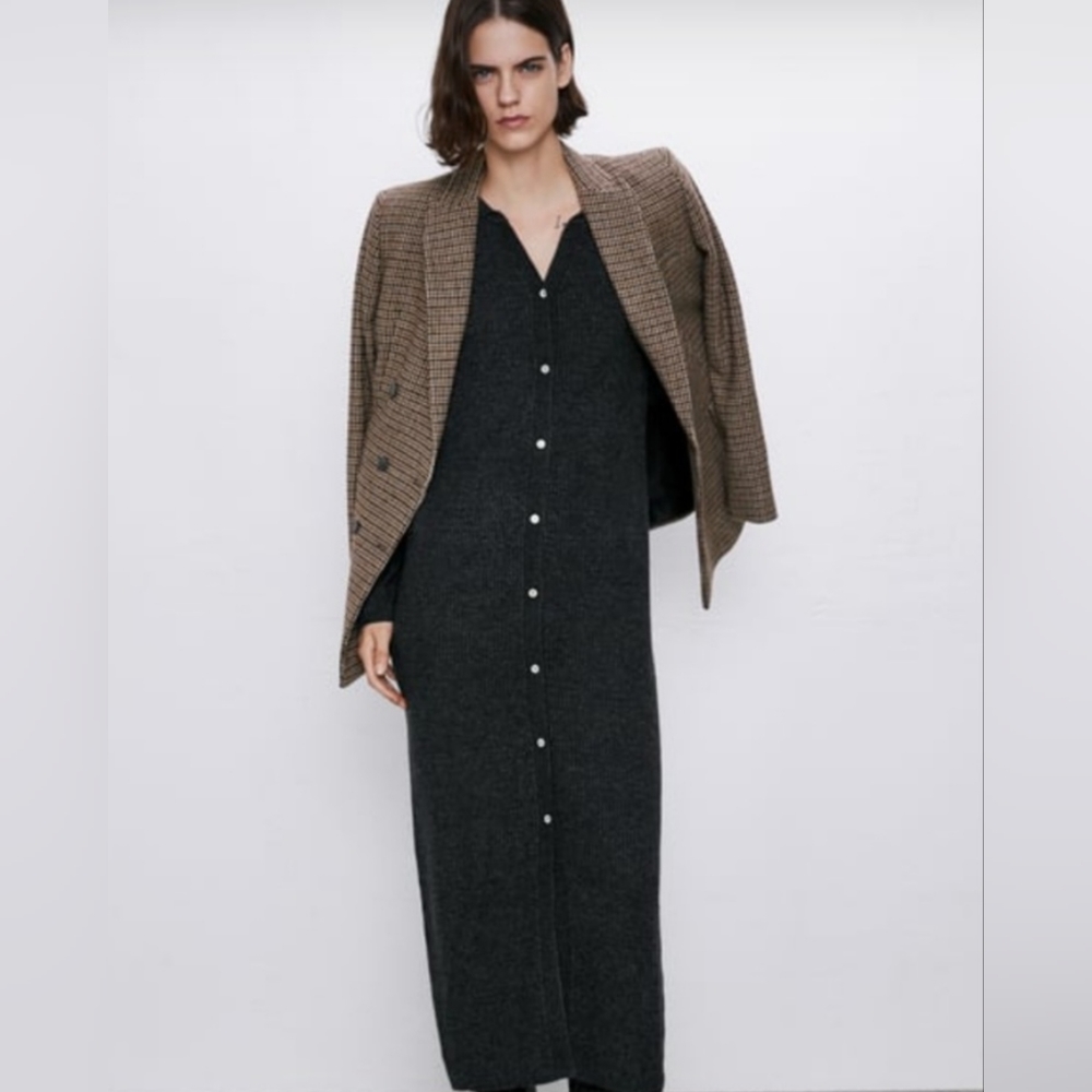 NWOT Zara Soft Wool Blend Ribbed Knit Midi Dress, Grey, Size S